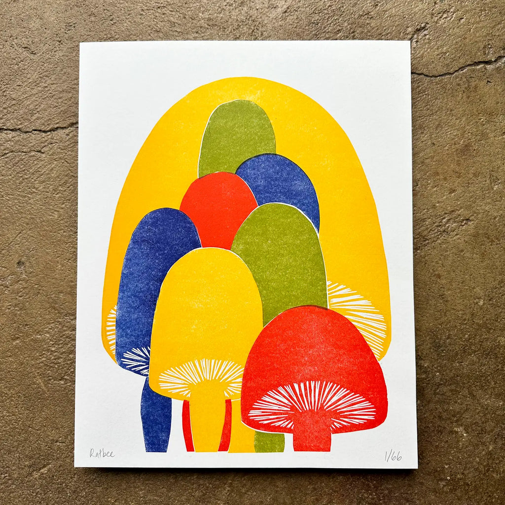 Colorful Mushroom Linocut Print