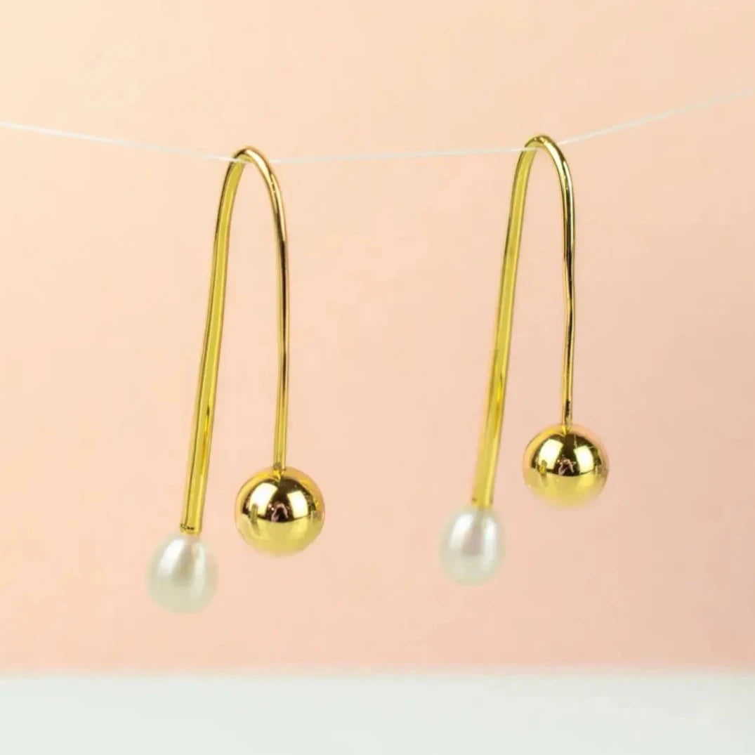 Gold Wire and Pearl Drop Earrings